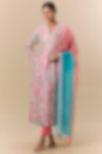 Peach & Blue Kora Silk Tie-Dye Printed Kurta Set by Prisha's at Pernia's Pop Up Shop