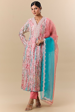 Peach & Blue Kora Silk Tie-Dye Printed Kurta Set by Prisha's