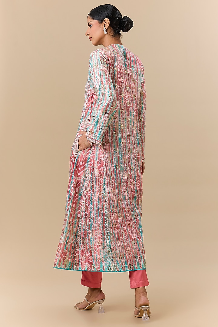 Peach & Blue Kora Silk Tie-Dye Printed Kurta Set by Prisha's at Pernia's Pop Up Shop
