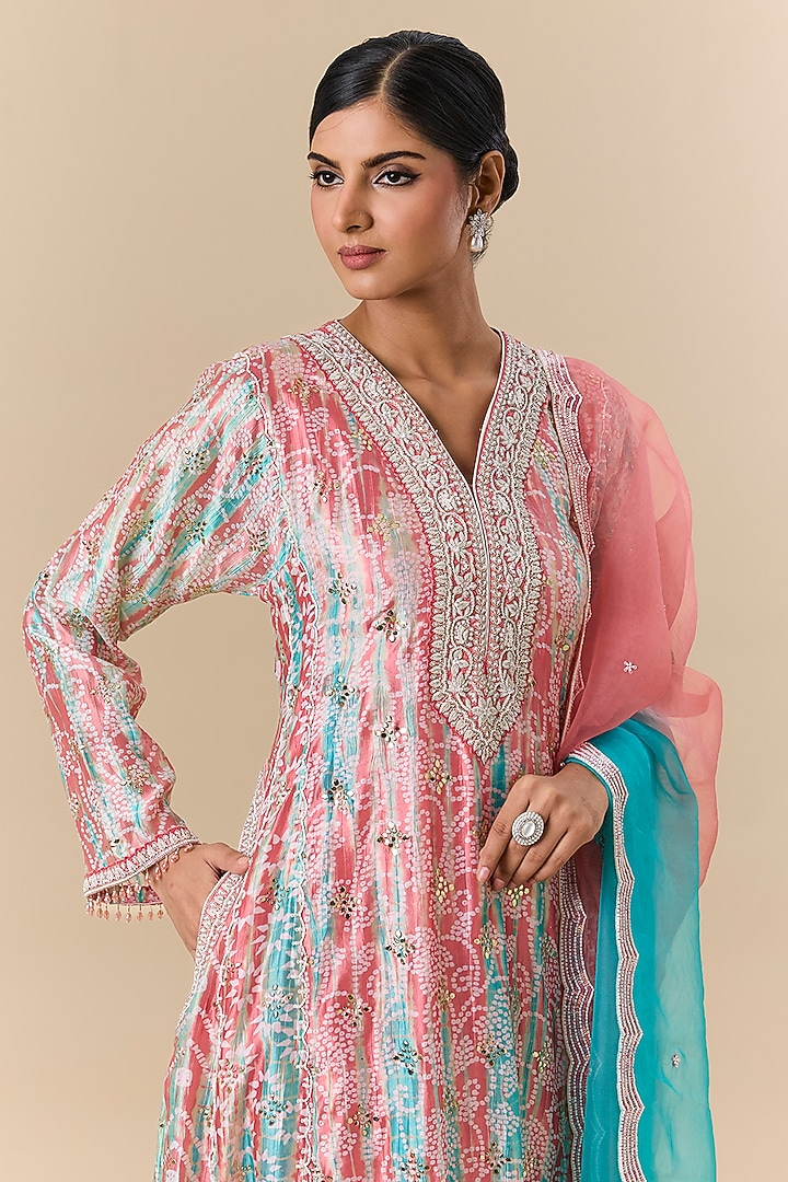 Peach & Blue Kora Silk Tie-Dye Printed Kurta Set by Prisha's at Pernia's Pop Up Shop