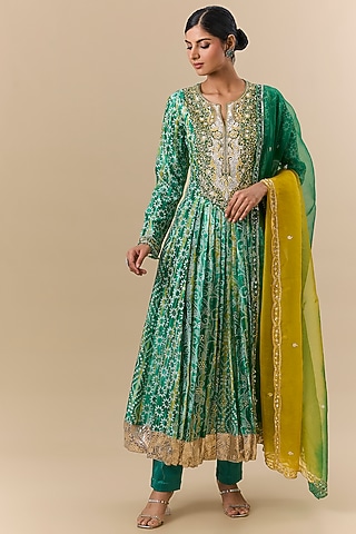 Green & Yellow Kora Silk Tie-Dye Printed Kurta Set by Prisha's