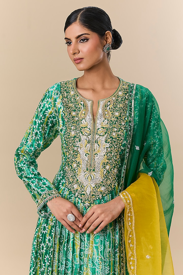 Green & Yellow Kora Silk Tie-Dye Printed Kurta Set by Prisha's at Pernia's Pop Up Shop