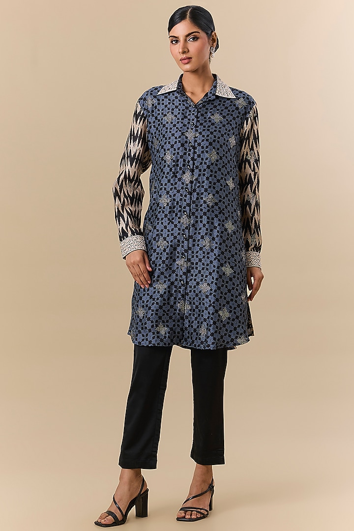 Blue & Black Kora Silk Block Printed Co-Ord Set by Prisha's at Pernia's Pop Up Shop