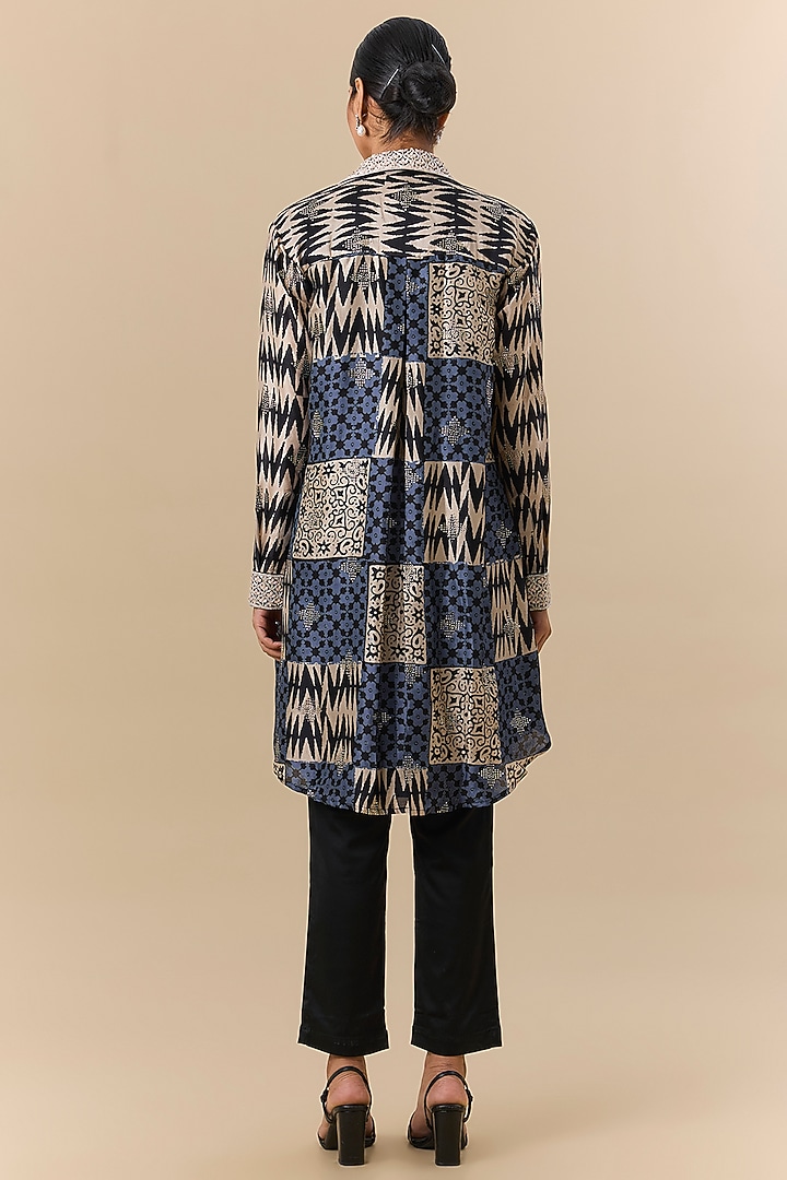 Blue & Black Kora Silk Block Printed Co-Ord Set by Prisha's at Pernia's Pop Up Shop