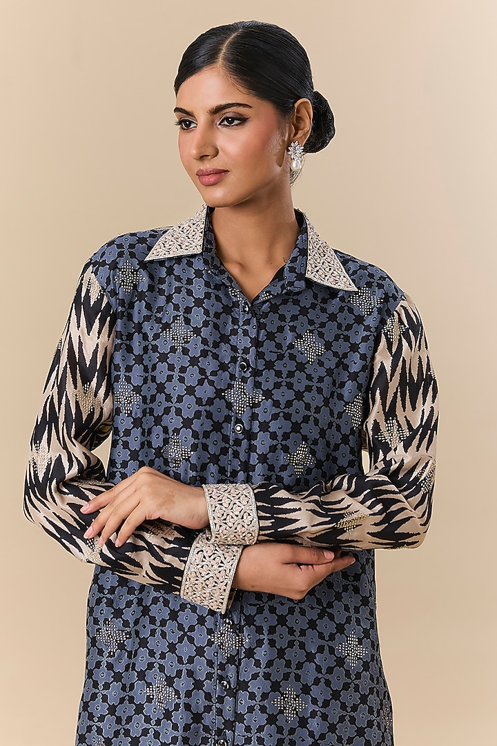 Blue & Black Kora Silk Block Printed Co-Ord Set by Prisha's at Pernia's Pop Up Shop