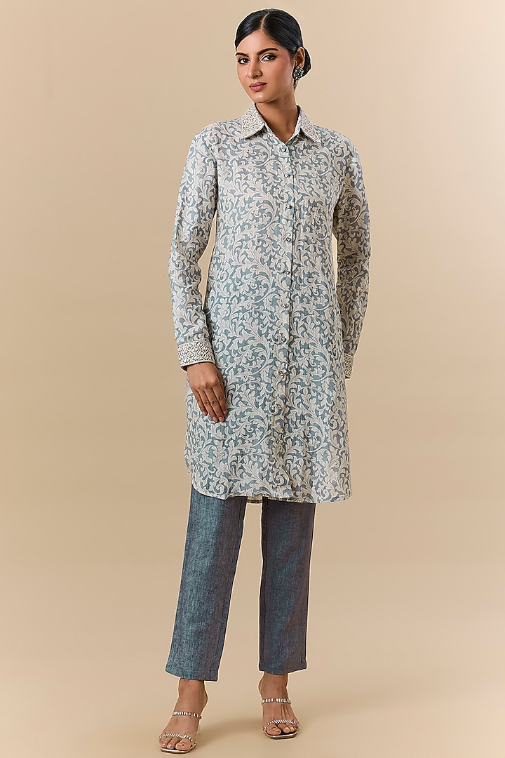 Off-White Linen Block Printed & Embroidered Co-Ord Set by Prisha's at Pernia's Pop Up Shop