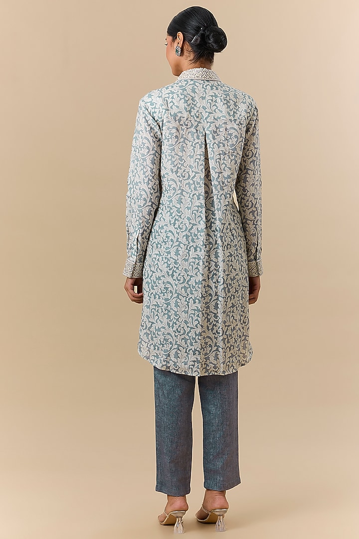 Off-White Linen Block Printed & Embroidered Co-Ord Set by Prisha's at Pernia's Pop Up Shop