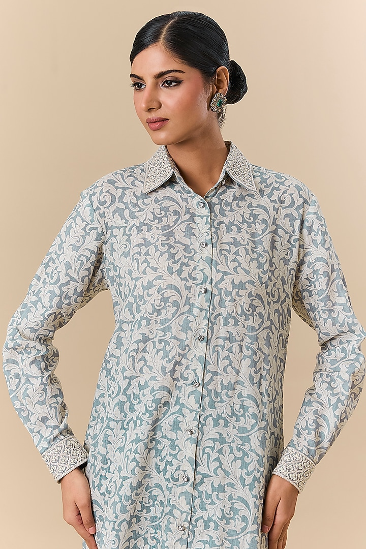 Off-White Linen Block Printed & Embroidered Co-Ord Set by Prisha's at Pernia's Pop Up Shop