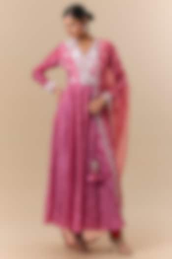 Red Silk Block Printed & Resham Embroidered Angrakha Kurta Set by Prisha's at Pernia's Pop Up Shop