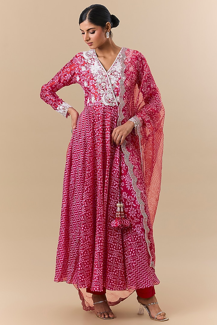 Red Silk Block Printed & Resham Embroidered Angrakha Kurta Set by Prisha's at Pernia's Pop Up Shop