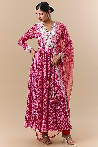Red Silk Block Printed & Resham Embroidered Angrakha Kurta Set by Prisha's