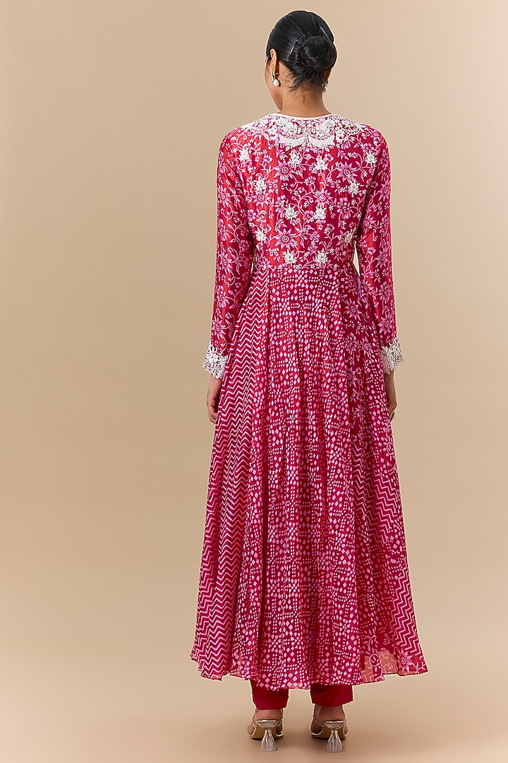Red Silk Block Printed & Resham Embroidered Angrakha Kurta Set by Prisha's at Pernia's Pop Up Shop