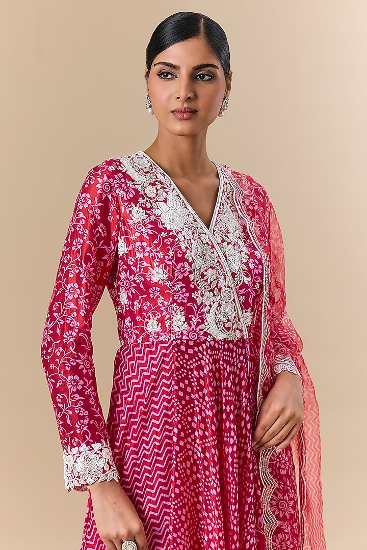 Red Silk Block Printed & Resham Embroidered Angrakha Kurta Set by Prisha's at Pernia's Pop Up Shop