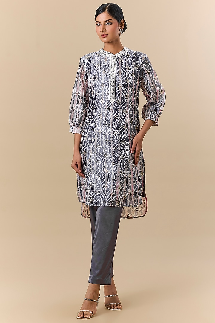 Grey Kora Silk Tie-Dye Printed Tunic Set by Prisha's at Pernia's Pop Up Shop
