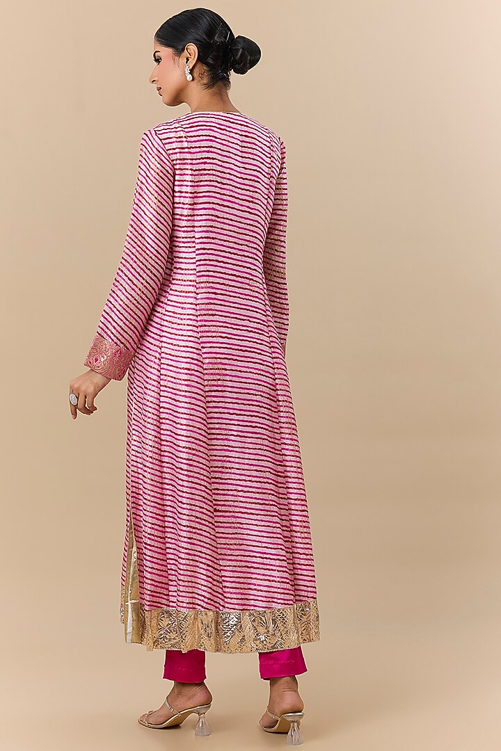 Fuchsia Pink Kora Silk Leheriya Printed & Zardosi Embroidered Kurta Set by Prisha's at Pernia's Pop Up Shop