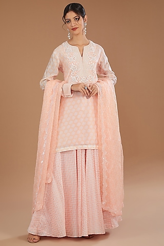 Peach Kora Silk Block Printed Sharara Set by Prisha's