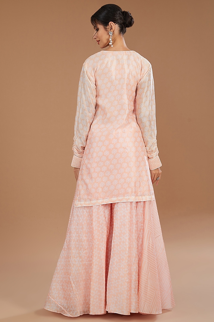 Peach Kora Silk Block Printed Wedding Sharara Set by Prisha's at Pernia's Pop Up Shop