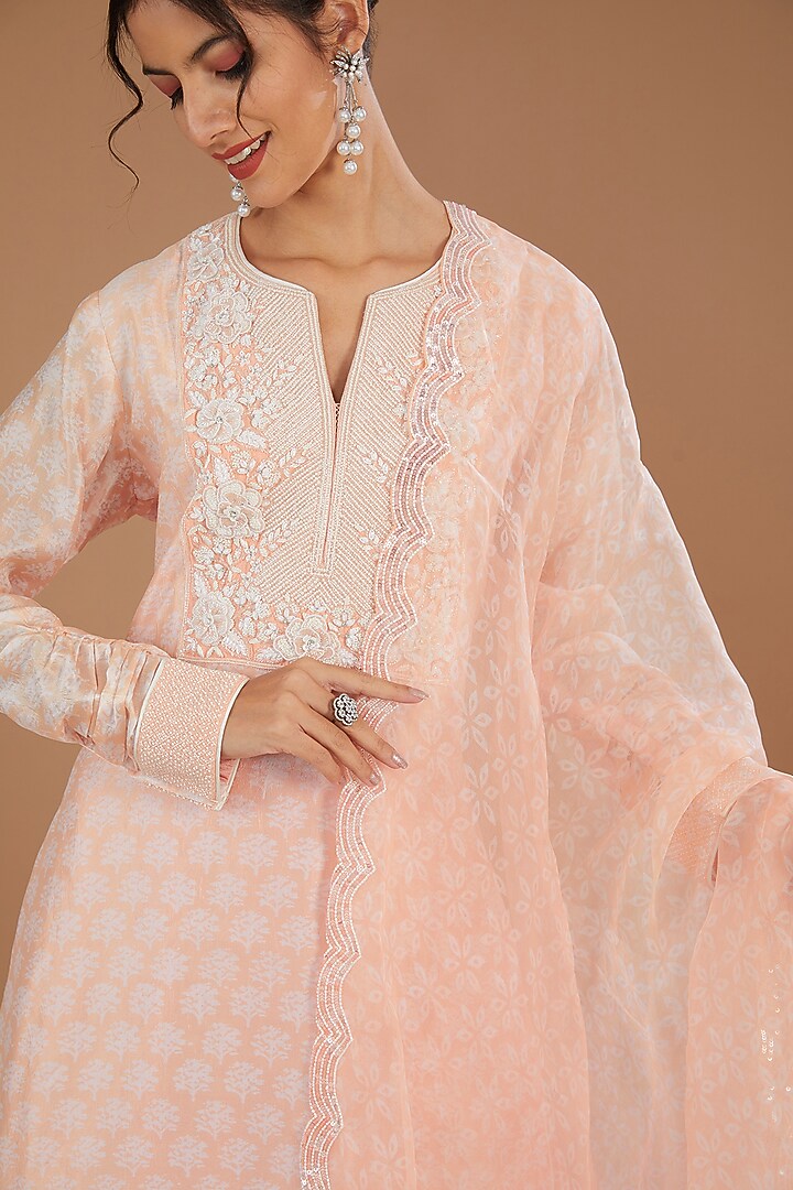 Peach Kora Silk Block Printed Wedding Sharara Set by Prisha's at Pernia's Pop Up Shop