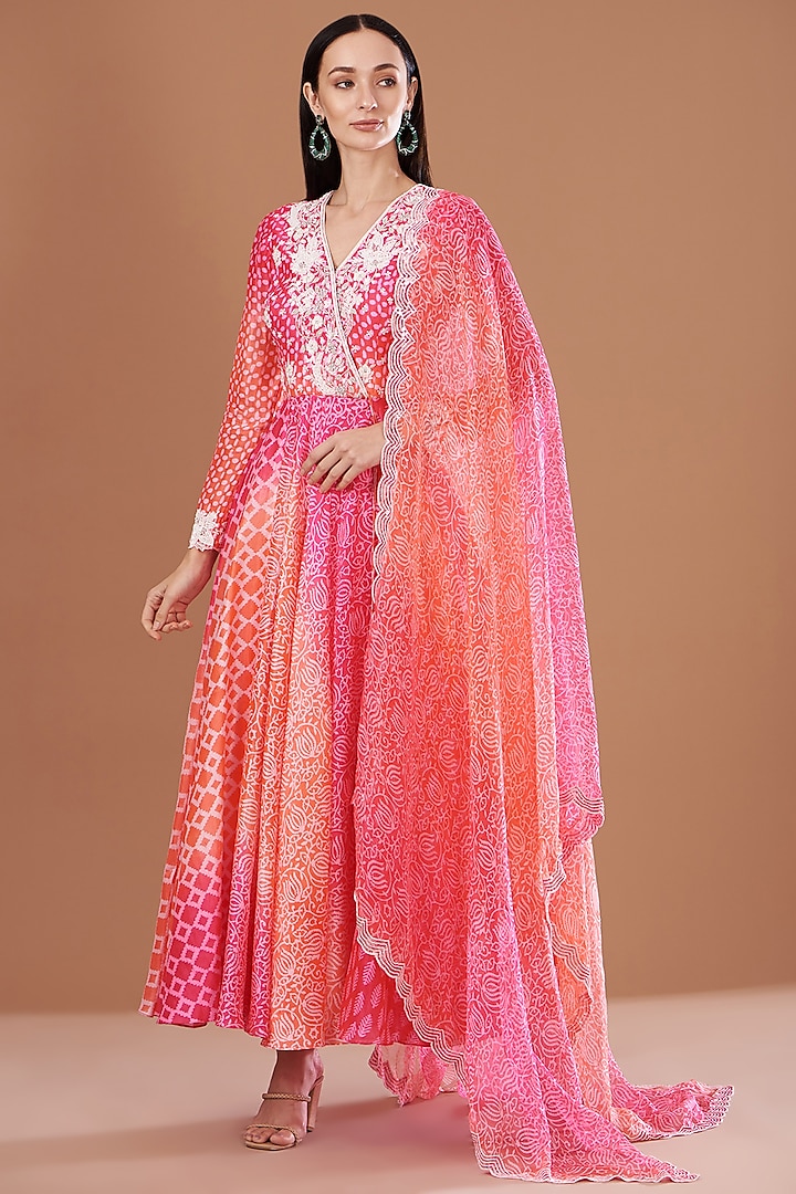 Pink & Orange Silk Resham Embroidered Angrakha Set by Prisha's