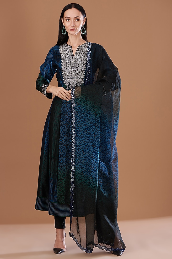 Blue Kora Silk Cutdana Embroidered Wedding Anarkali Set by Prisha's at Pernia's Pop Up Shop