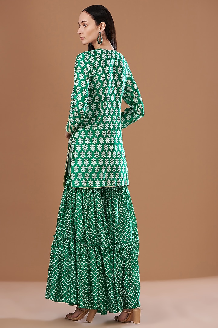 Green Silk Block Printed Wedding Sharara Set by Prisha's at Pernia's Pop Up Shop