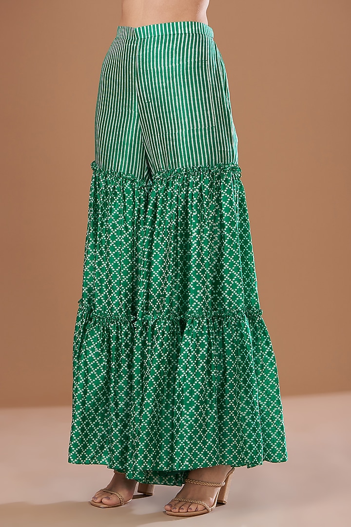 Green Silk Block Printed Wedding Sharara Set by Prisha's at Pernia's Pop Up Shop