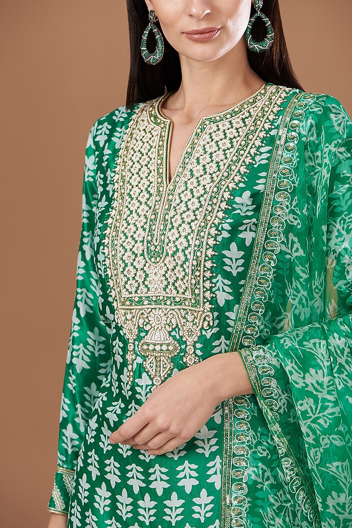 Green Silk Block Printed Wedding Sharara Set by Prisha's at Pernia's Pop Up Shop