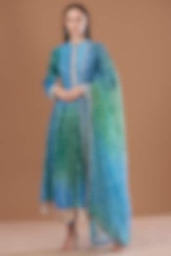 Blue & Green Kora Silk Gota Patti Embroidered Kurta Set by Prisha's at Pernia's Pop Up Shop