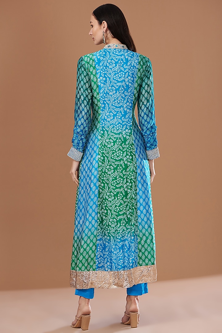 Blue & Green Kora Silk Gota Patti Embroidered Kurta Set by Prisha's at Pernia's Pop Up Shop