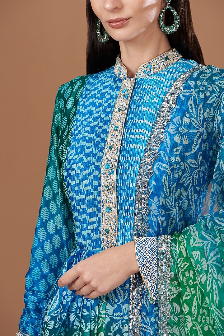 Blue & Green Kora Silk Gota Patti Embroidered Kurta Set by Prisha's at Pernia's Pop Up Shop
