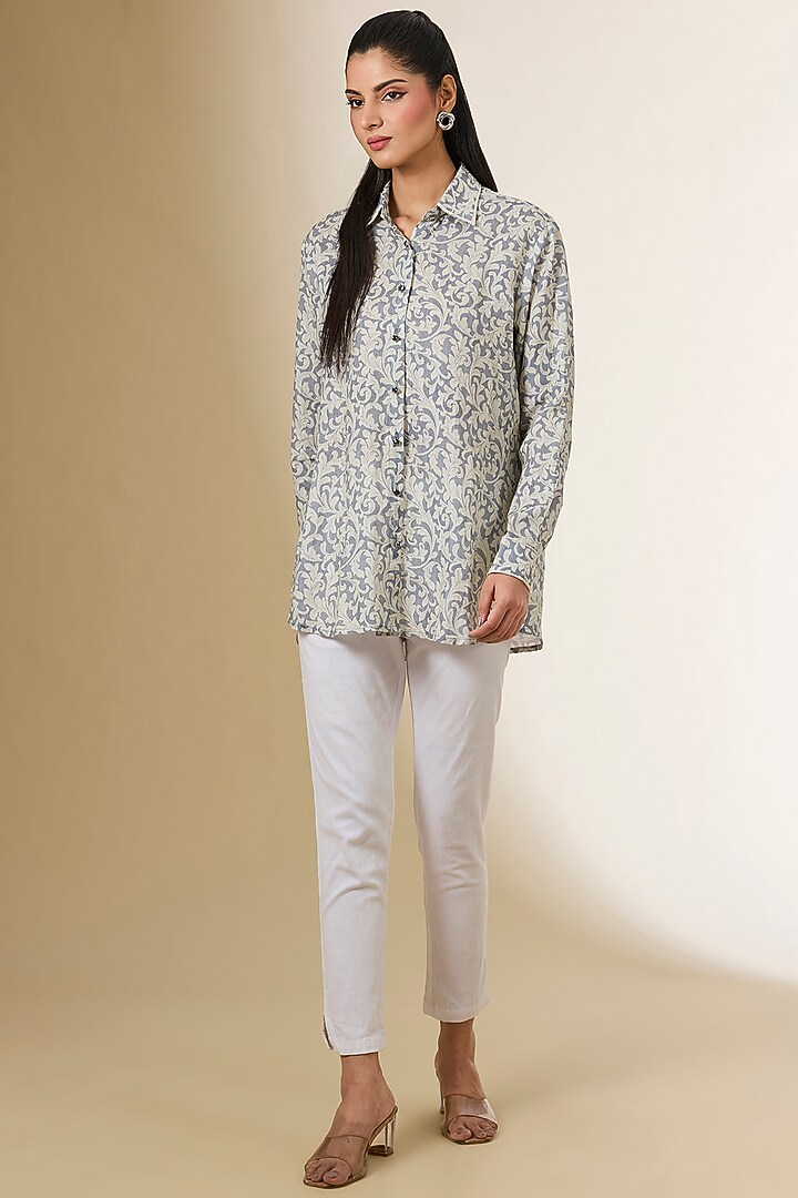 Grey Linen Digital Printed & Zardosi Embroidered Shirt by Prisha's at Pernia's Pop Up Shop