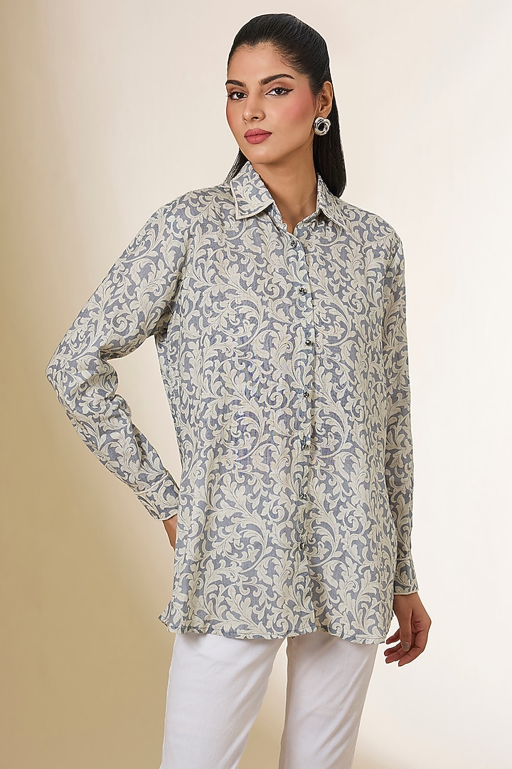 Grey Linen Digital Printed & Zardosi Embroidered Shirt by Prisha's at Pernia's Pop Up Shop