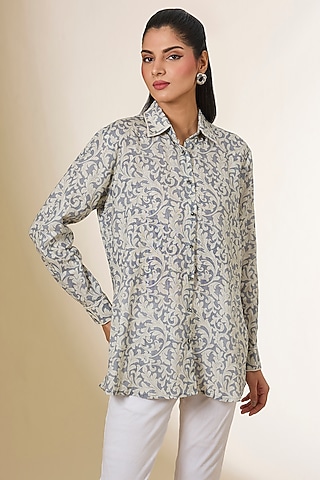Grey Linen Digital Printed & Zardosi Embroidered Shirt by Prisha's