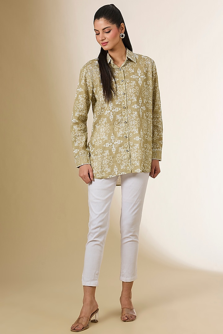 Beige Linen Digital Printed & Zardosi Embroidered Shirt by Prisha's at Pernia's Pop Up Shop