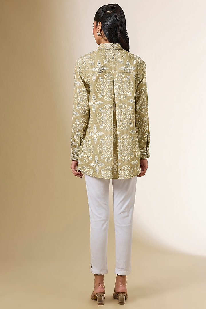 Beige Linen Digital Printed & Zardosi Embroidered Shirt by Prisha's at Pernia's Pop Up Shop