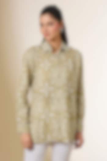 Beige Linen Digital Printed & Zardosi Embroidered Shirt by Prisha's at Pernia's Pop Up Shop