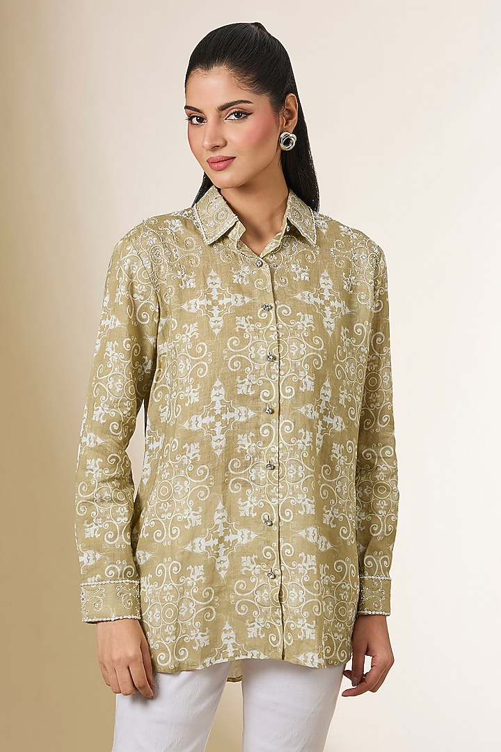 Beige Linen Digital Printed & Zardosi Embroidered Shirt by Prisha's at Pernia's Pop Up Shop