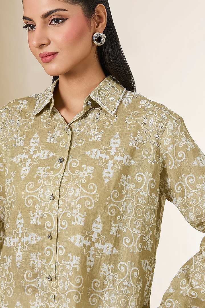 Beige Linen Digital Printed & Zardosi Embroidered Shirt by Prisha's at Pernia's Pop Up Shop