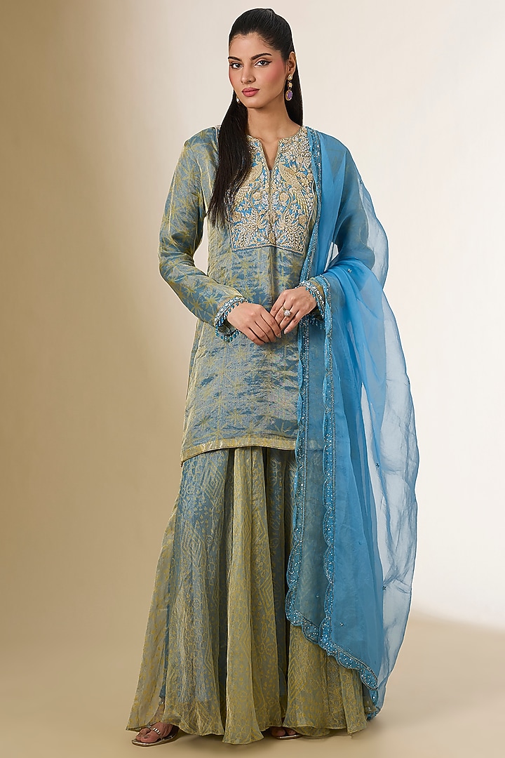 Blue Tissue Organza Block Printed & Zardosi Embroidered Kurta Set by Prisha's at Pernia's Pop Up Shop