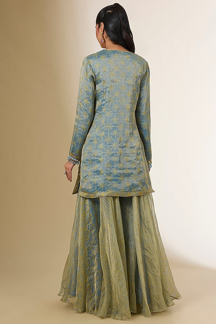 Blue Tissue Organza Block Printed & Zardosi Embroidered Kurta Set by Prisha's at Pernia's Pop Up Shop