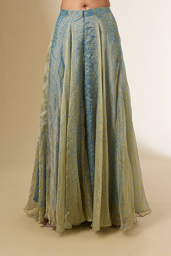 Blue Tissue Organza Block Printed & Zardosi Embroidered Kurta Set by Prisha's at Pernia's Pop Up Shop