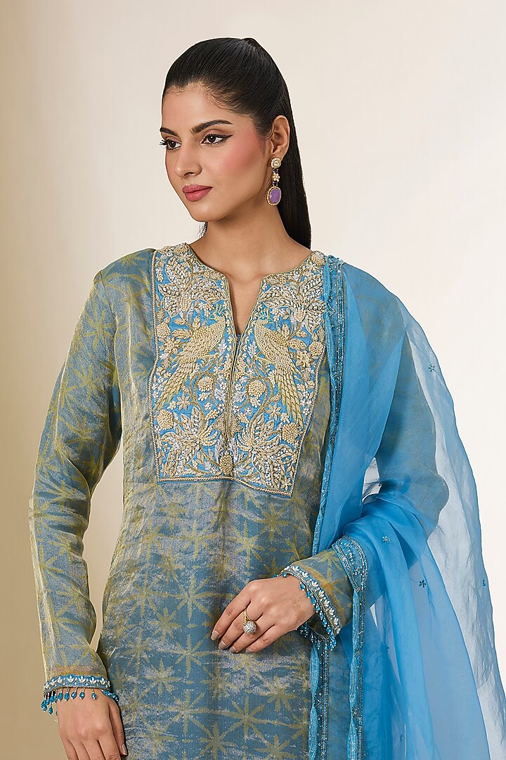 Blue Tissue Organza Block Printed & Zardosi Embroidered Kurta Set by Prisha's at Pernia's Pop Up Shop