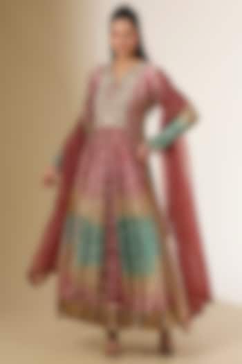 Multi-Colored Silk Zardosi Embroidered & Block Printed Kurta Set by Prisha's at Pernia's Pop Up Shop