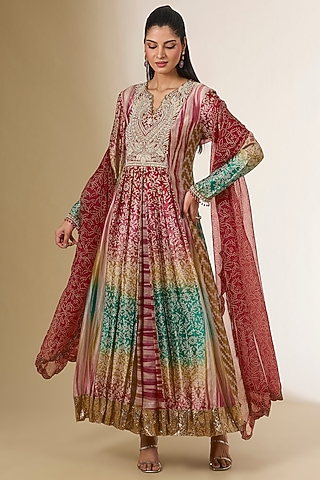 Multi-Colored Silk Zardosi Embroidered & Block Printed Kurta Set by Prisha's