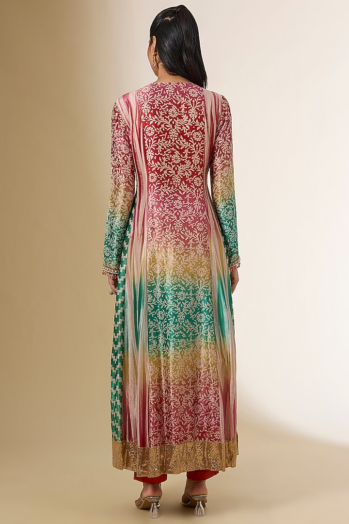Multi-Colored Silk Zardosi Embroidered & Block Printed Kurta Set by Prisha's at Pernia's Pop Up Shop