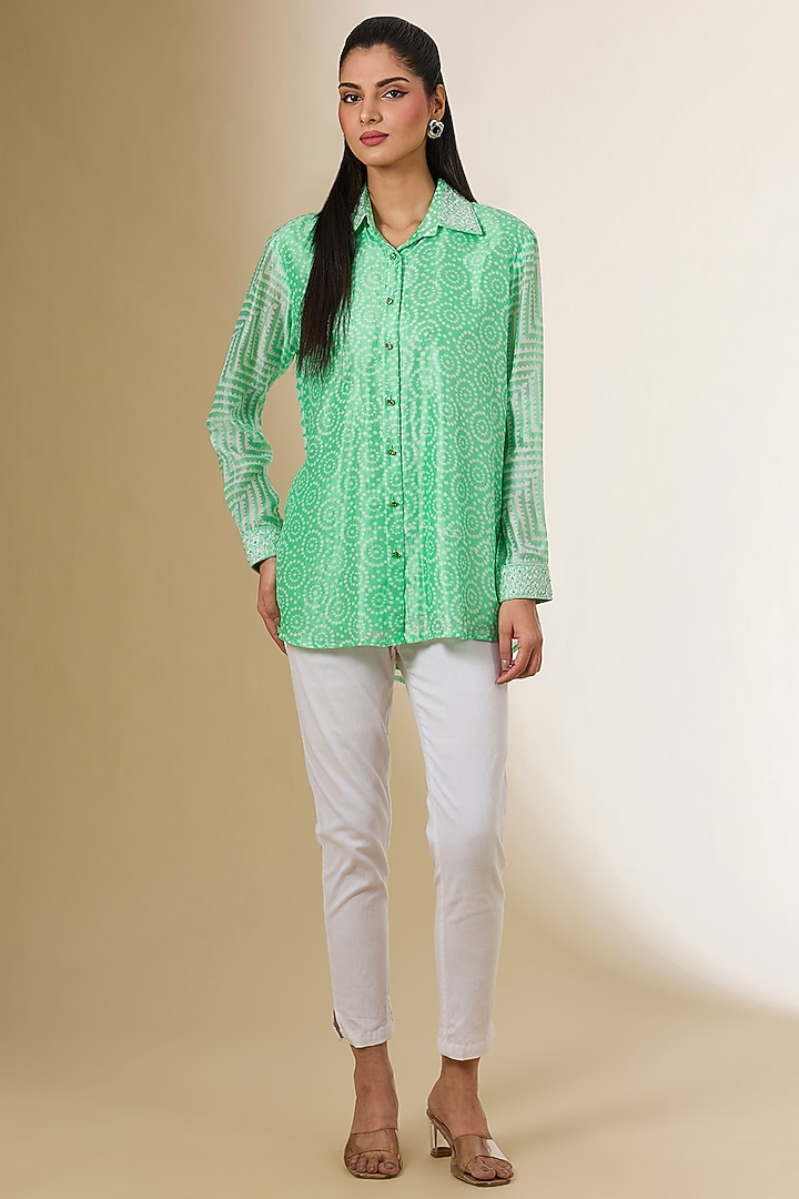 Green Linen Digital Printed & Zardosi Embroidered Shirt by Prisha's at Pernia's Pop Up Shop