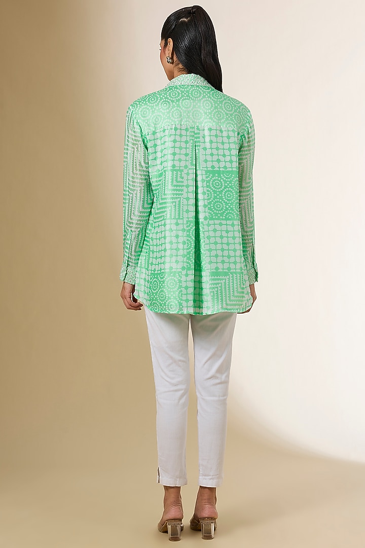 Green Linen Digital Printed & Zardosi Embroidered Shirt by Prisha's at Pernia's Pop Up Shop