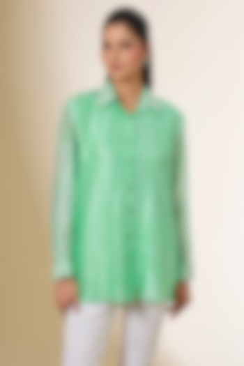 Green Linen Digital Printed & Zardosi Embroidered Shirt by Prisha's at Pernia's Pop Up Shop