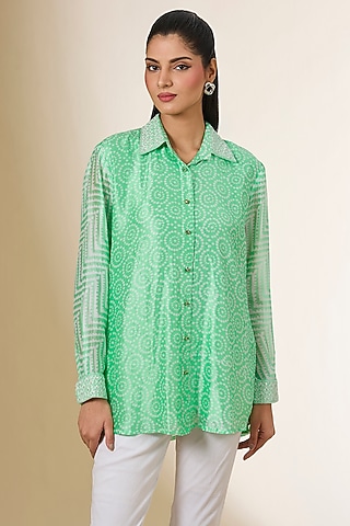 Green Linen Digital Printed & Zardosi Embroidered Shirt by Prisha's