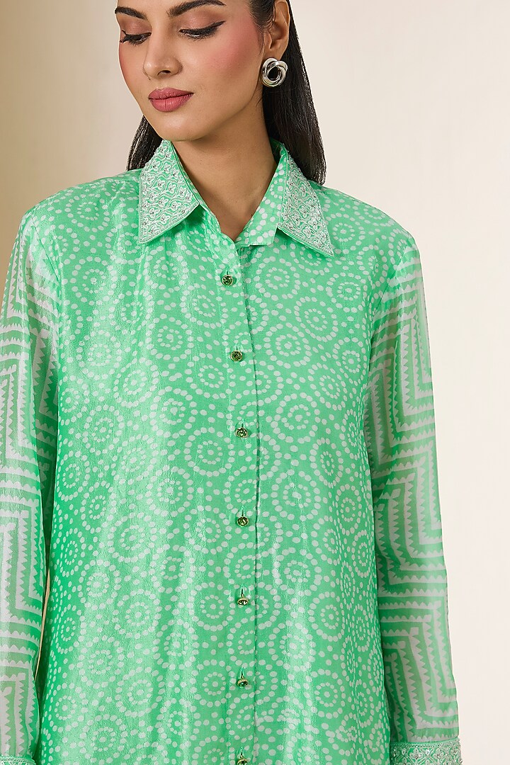 Green Linen Digital Printed & Zardosi Embroidered Shirt by Prisha's at Pernia's Pop Up Shop